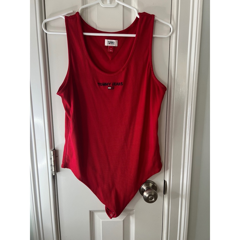 Tommy Jeans Womens Red Ribbed Sleeveless Bodysuit Logo Scoop Neck Large